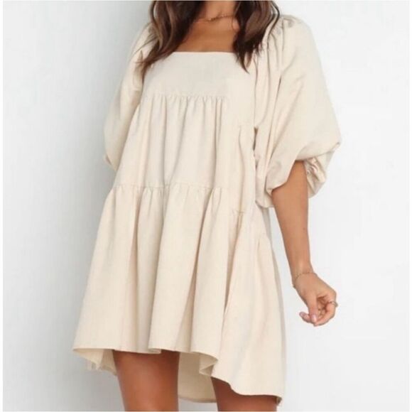 REVOLVE SNDYS Jamel Dress Beige Cream Babydoll Tiered Smock Linen 4 - Picture 3 of 12